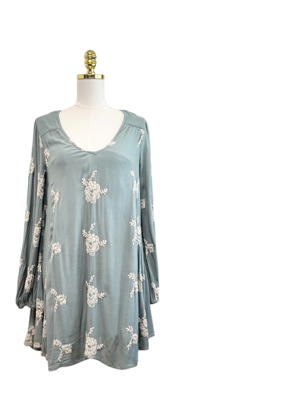 Free People Emma Swing Embroidered Boho Mini Dress in Misty Green Size S